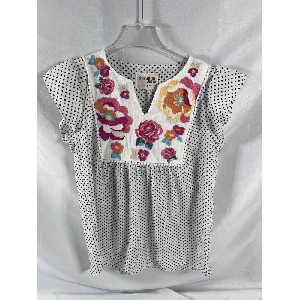 Savanna Jane Cap Sleeve V Neck Embroidered Floral Polka Dot Blouse Womens Size S